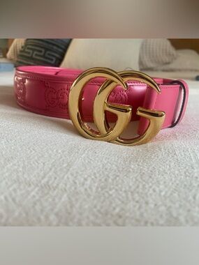 Gucci Hot Pink Leather GG Buckle Belt with Gold Hardware